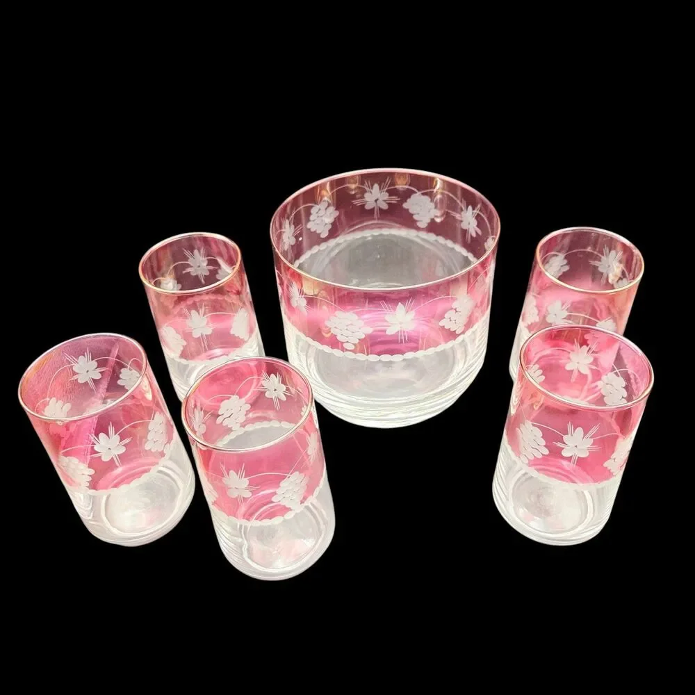 Vintage Red Flash Grape Glass Ice Bucket & 5 Old Fashioned Tumblers Set